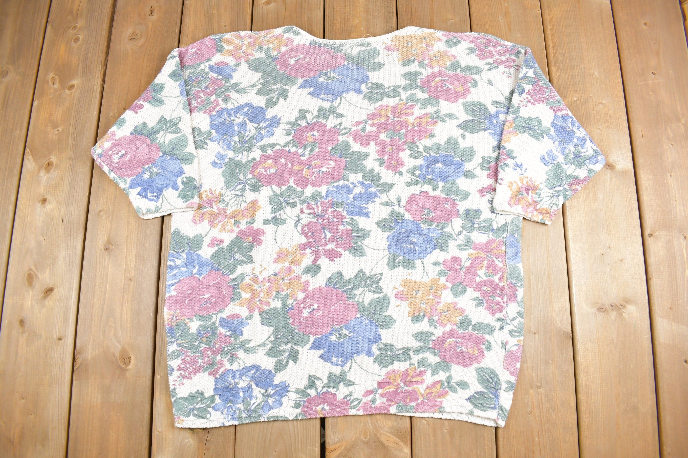 Vintage 1980s Just For Women Floral Waffle Knit Thermal Crewneck