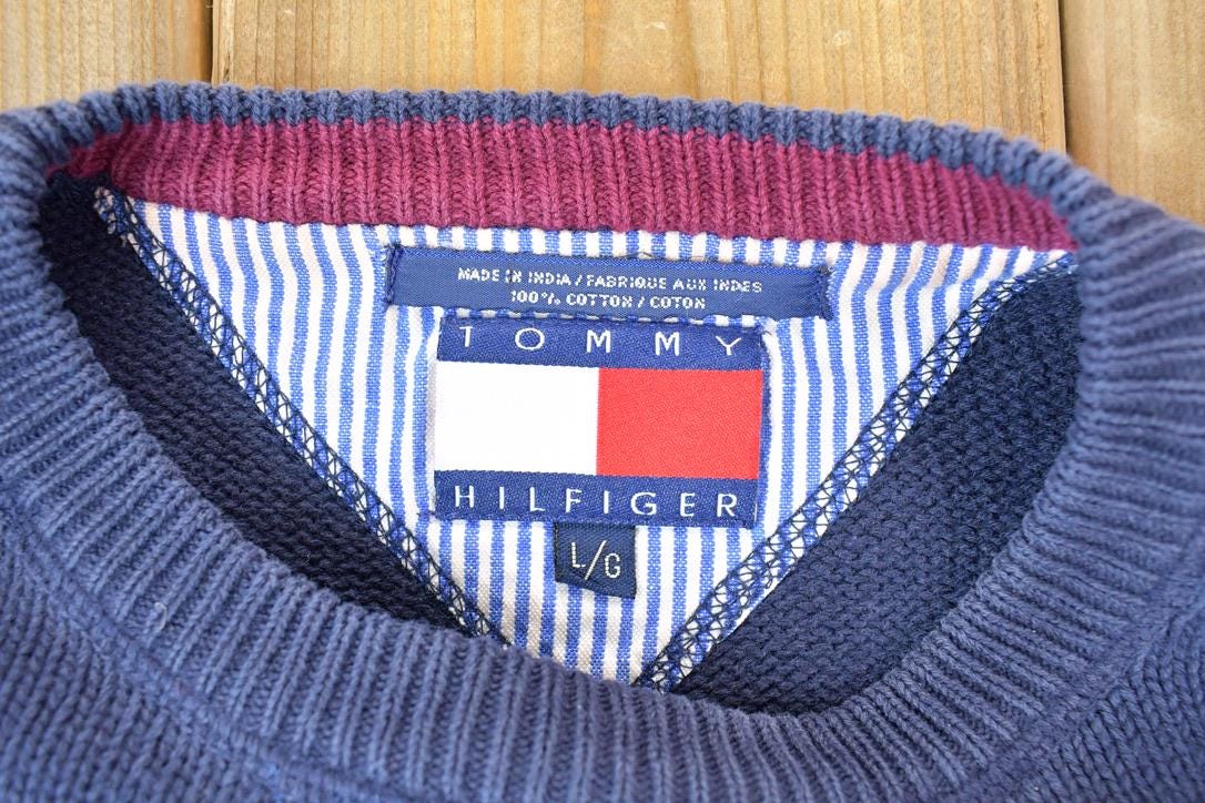 Vintage 1990s Tommy Hilfiger Classic Navy Knit Crewneck Sweater  90s Crewneck  Made In USA  Preppy Crest Logo