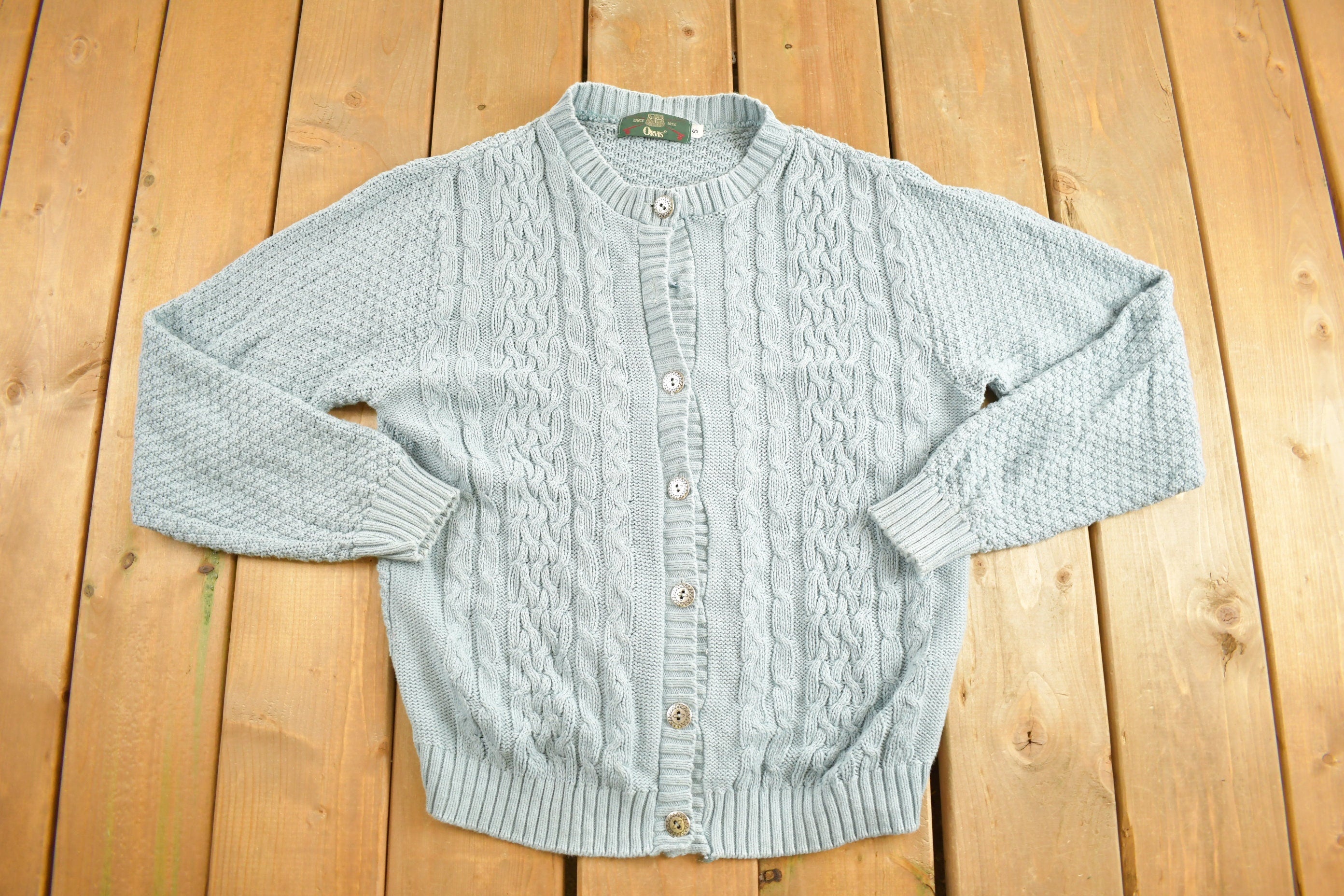 Vintage 1990s Orvis Blue Knitted Cardigan Sweater
