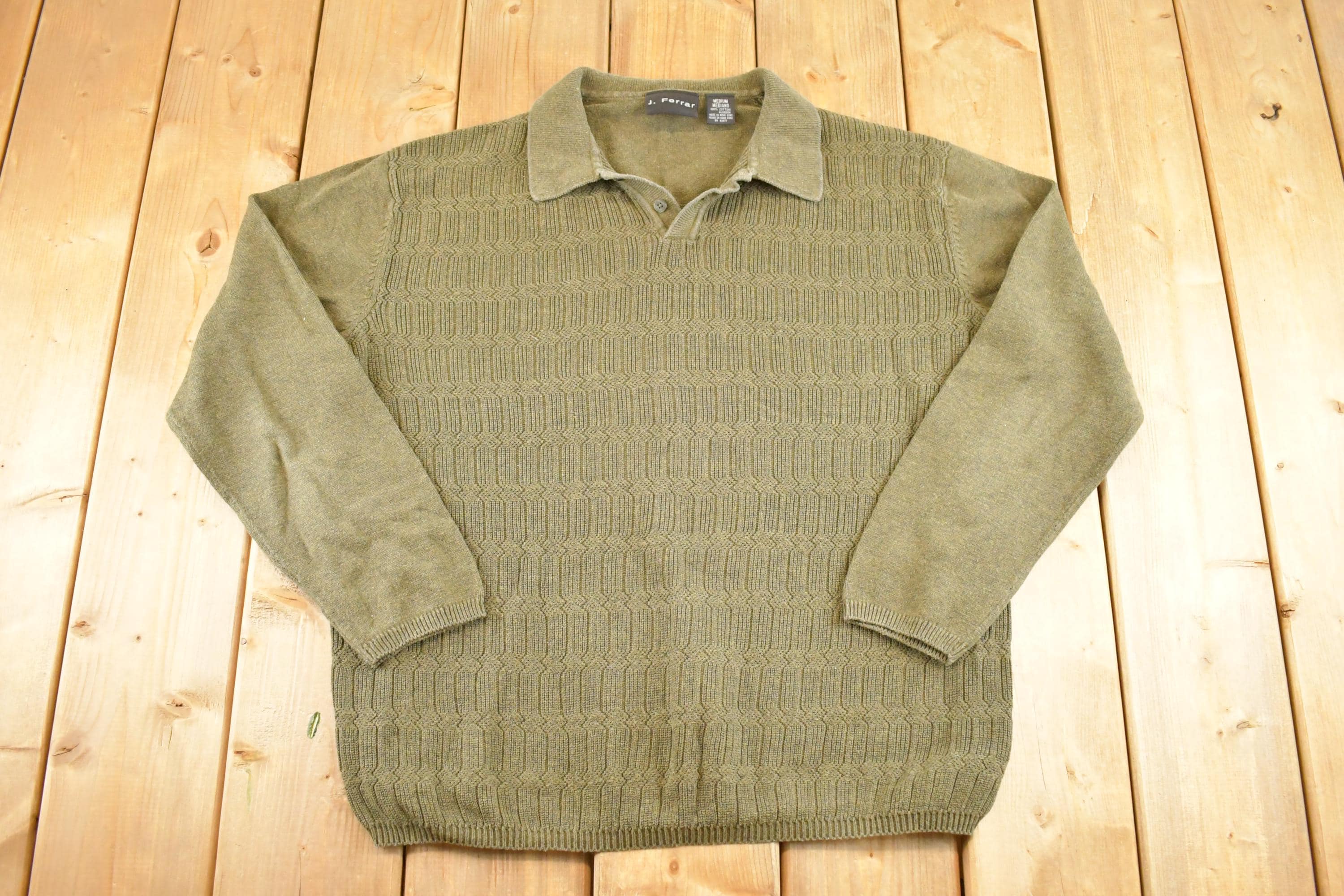 Vintage 1990s J Ferrar Chunky Knit Collared Sweater Men's M / 90's Abstract Pattern 3D Knitted Sweatshirt