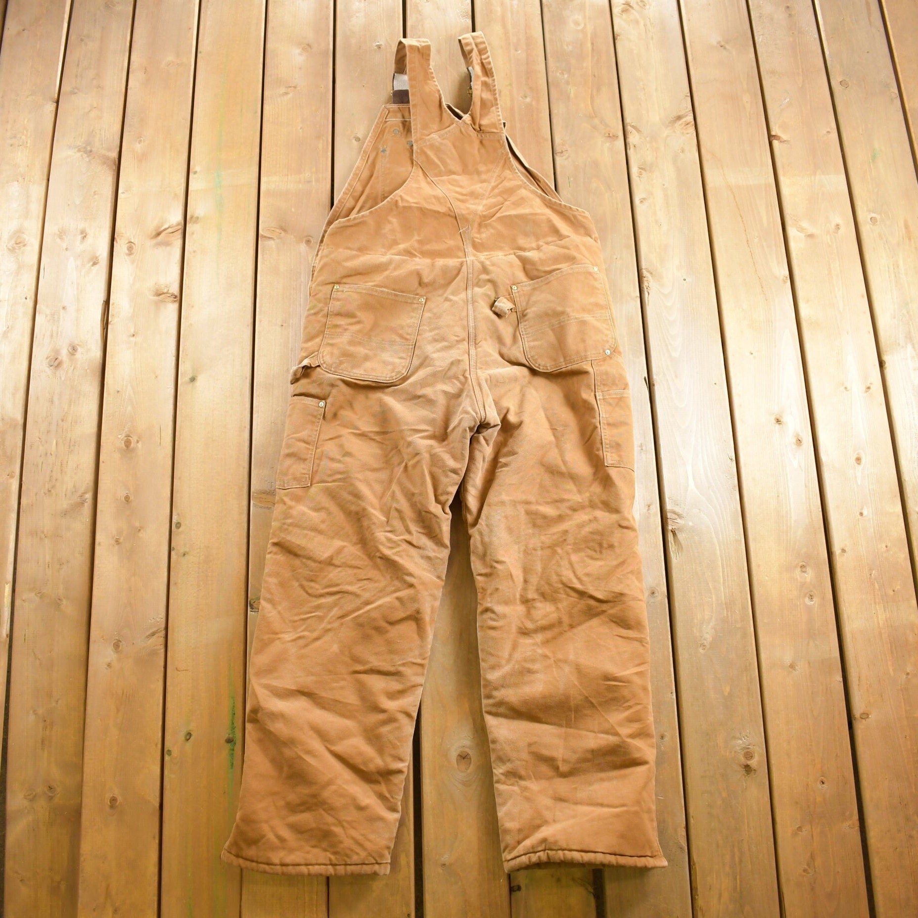 Vintage 1990s Carhartt Beige Double Knee Canvas Quilted Overalls Size 38 x 30.5