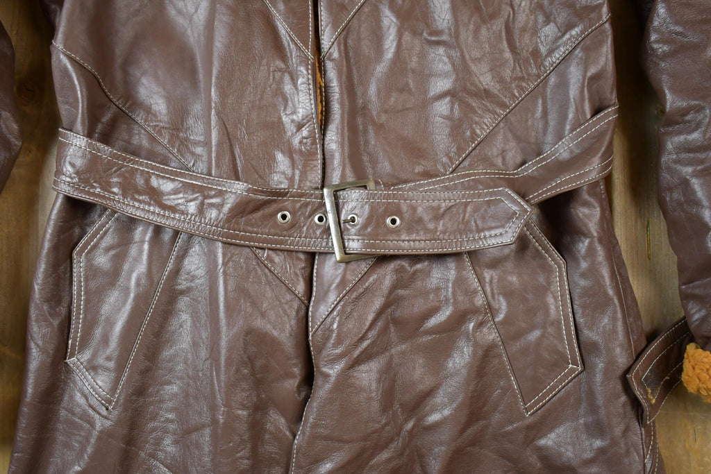 Vintage 1990s Brown Leather Lined Long trench Jacket Made In USA