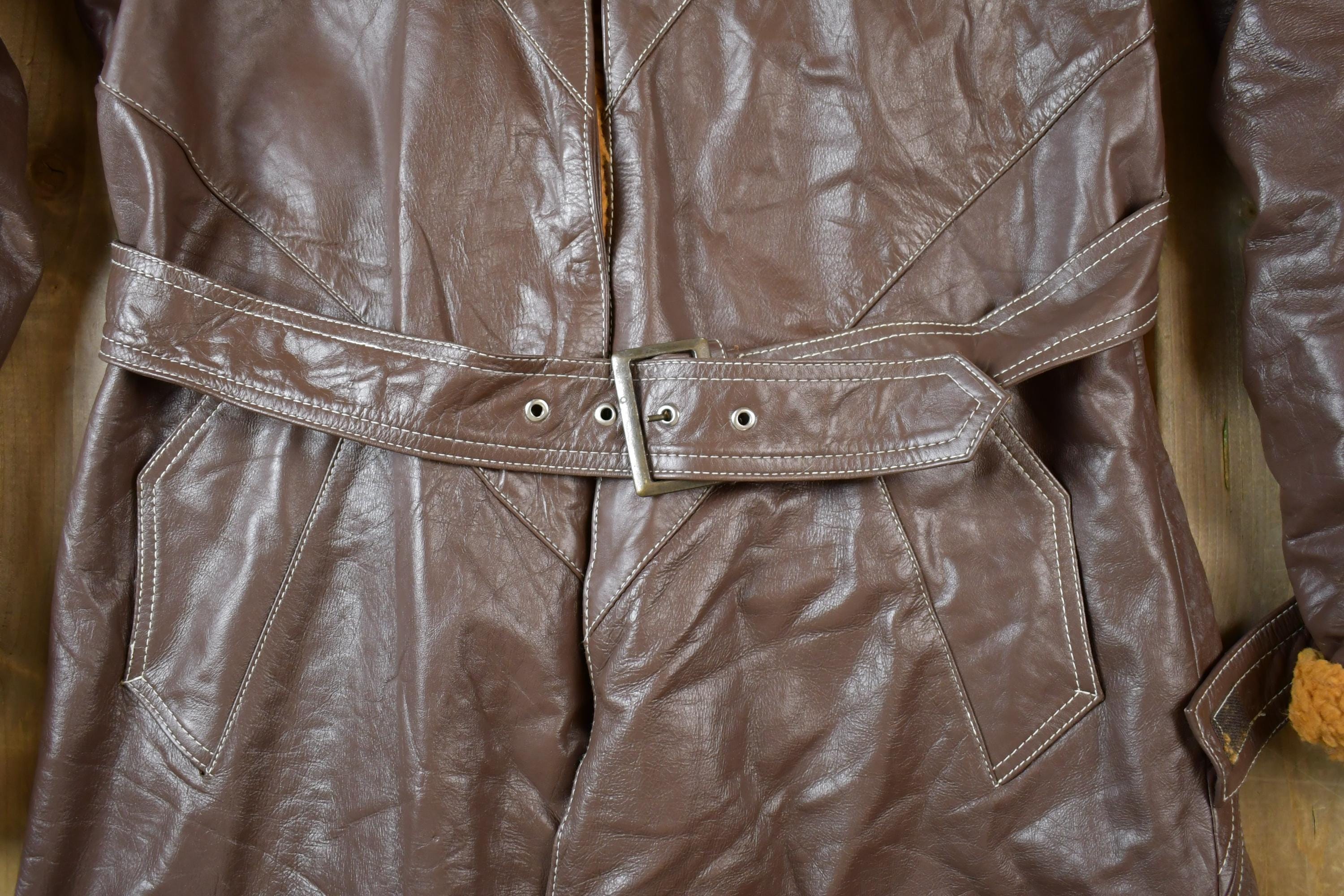 Vintage 1990s Brown Leather Lined Long trench Jacket Made In USA