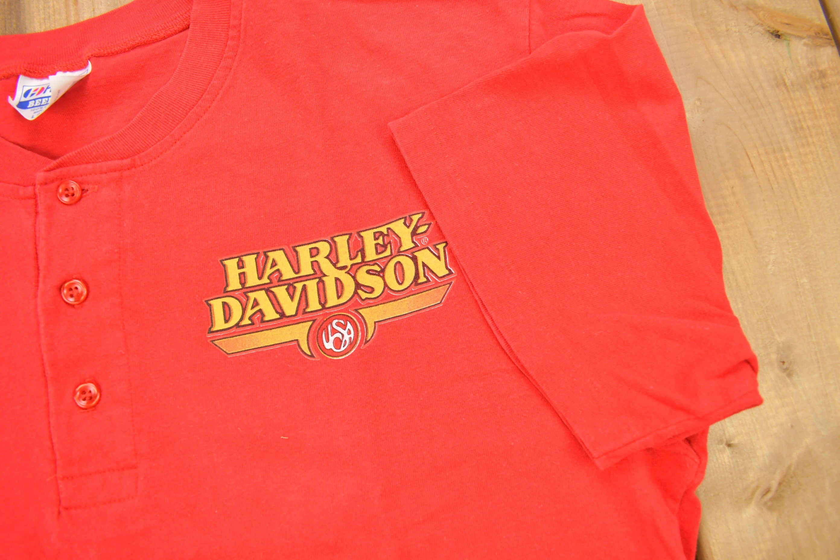 Vintage 1980s Performance Harley Davidson Syracuse New York Henley T-Shirt