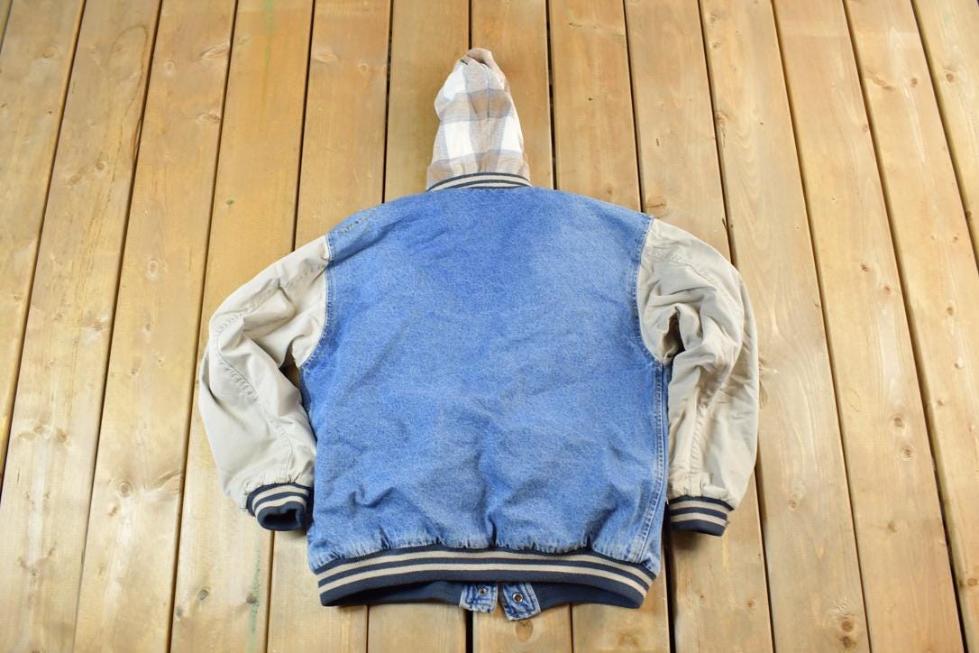 Vintage 1990s Hooded Plaid Lined Jean Jacket Made In USA