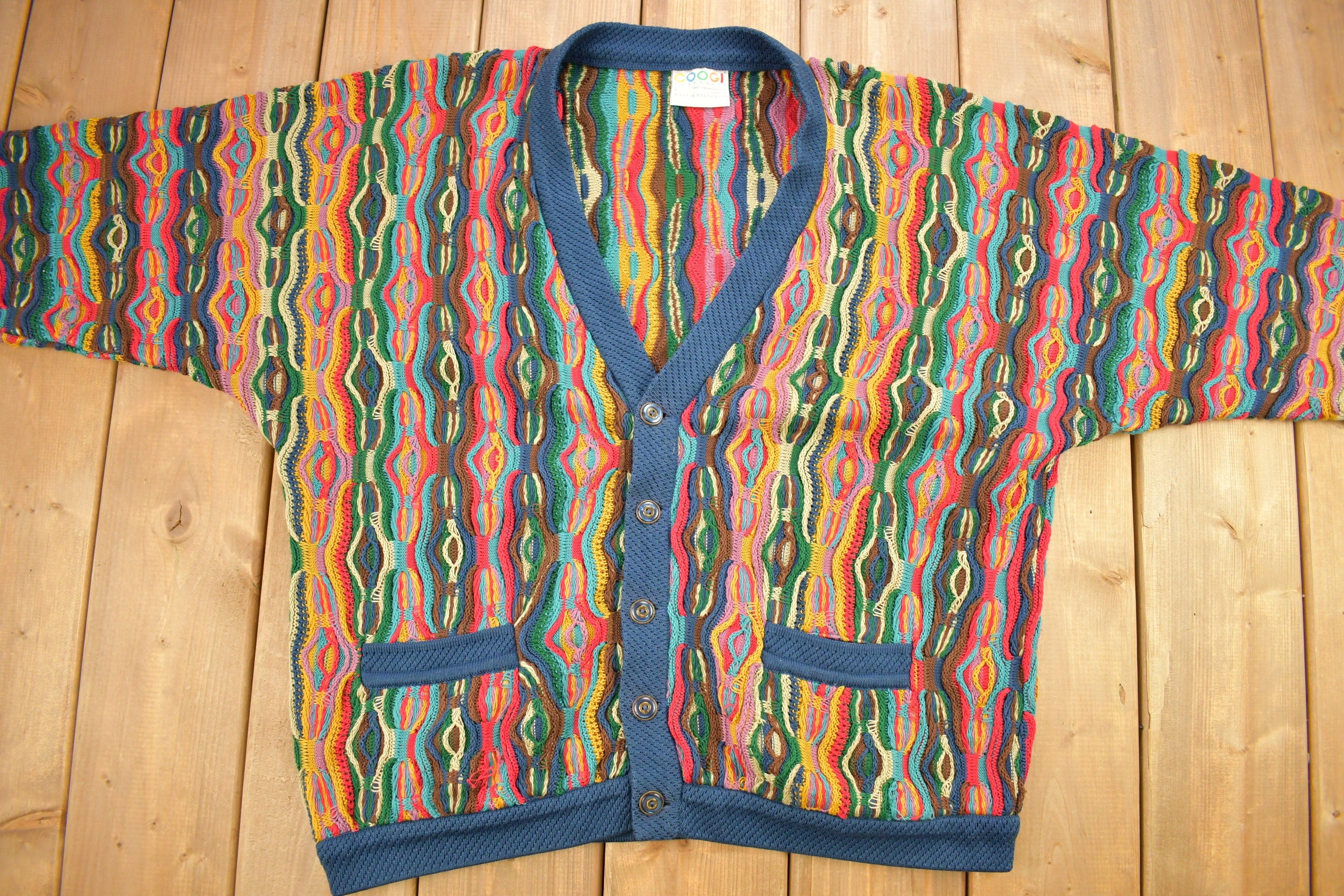 Vintage Coogi Australia 3D Colorful Cable Knit Cardigan Sweater