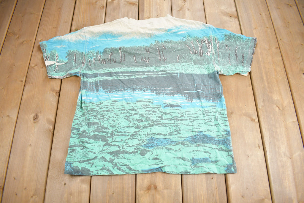 Vintage 1990s Largemouth Bass All Over Print Graphic T-Shirt Single Stitch