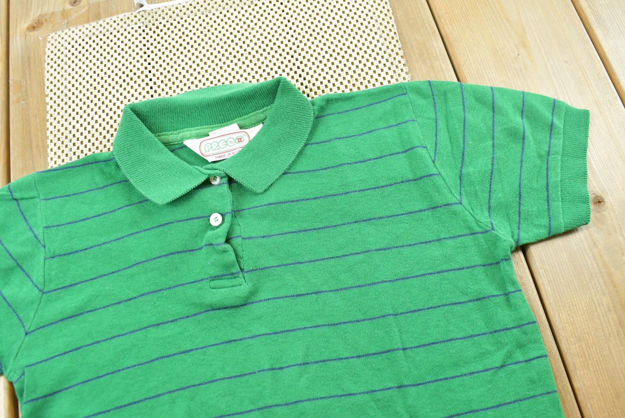 Vintage 1980s Striped Green Polo Quarter Button Up Shirt Mens XS