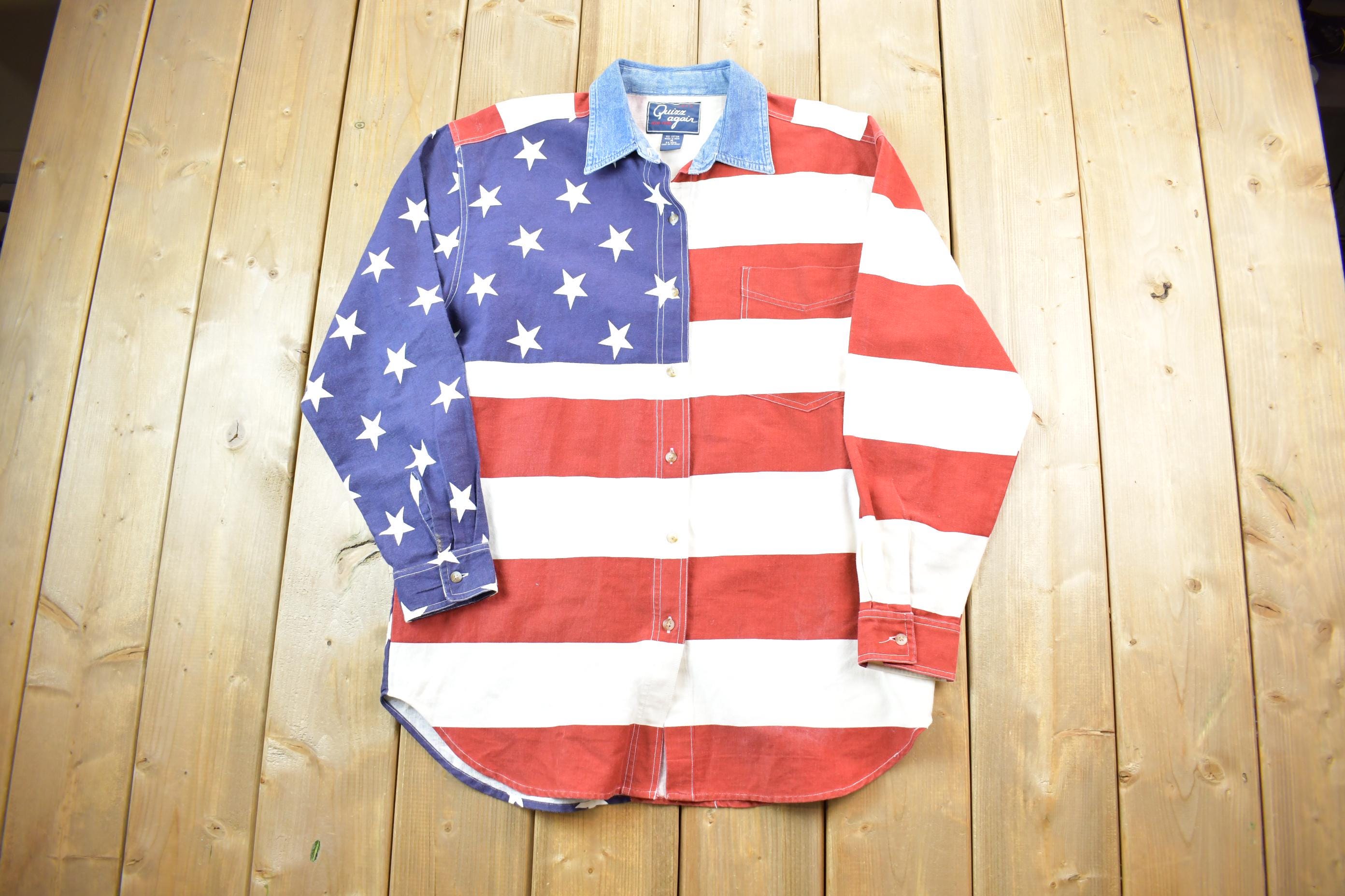 Vintage 1990s All Over Print American Flag Quizz Again Blank Button Up Shirt