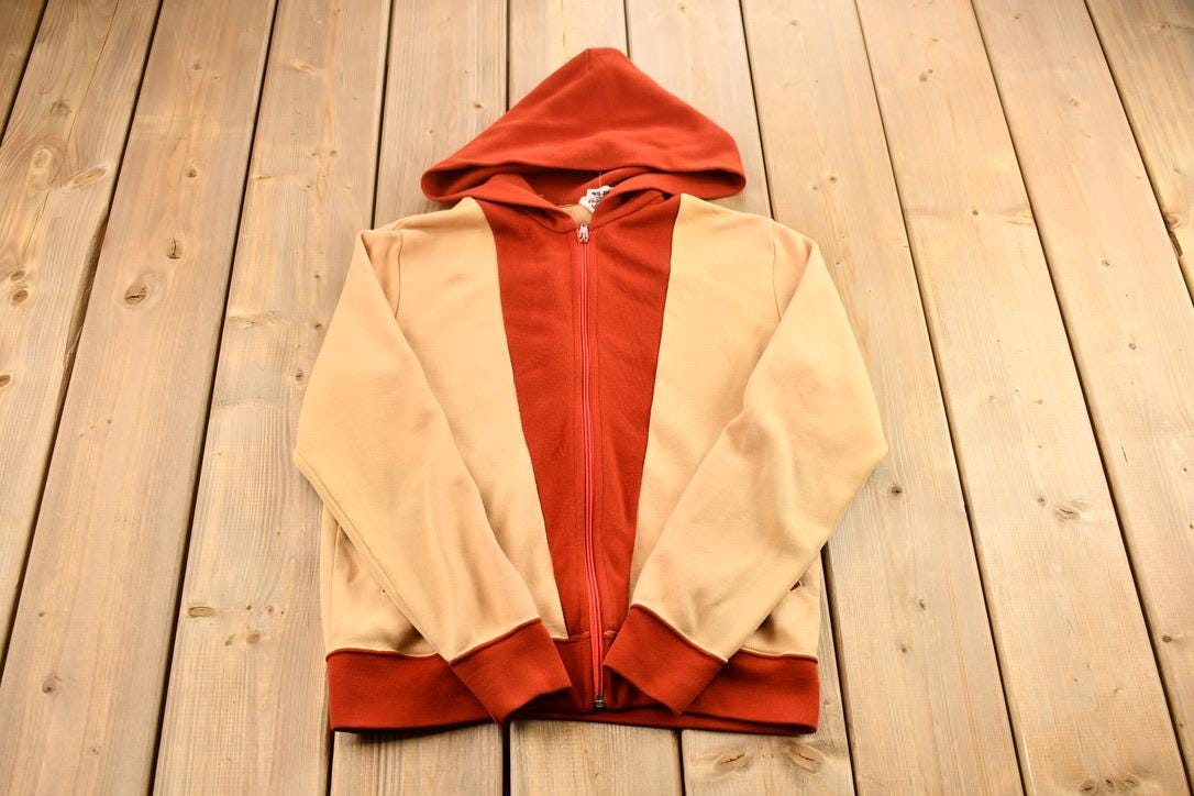 Vintage 1990s Dunlop Sportswear Red and Tan Blank Zip Up Hoodie