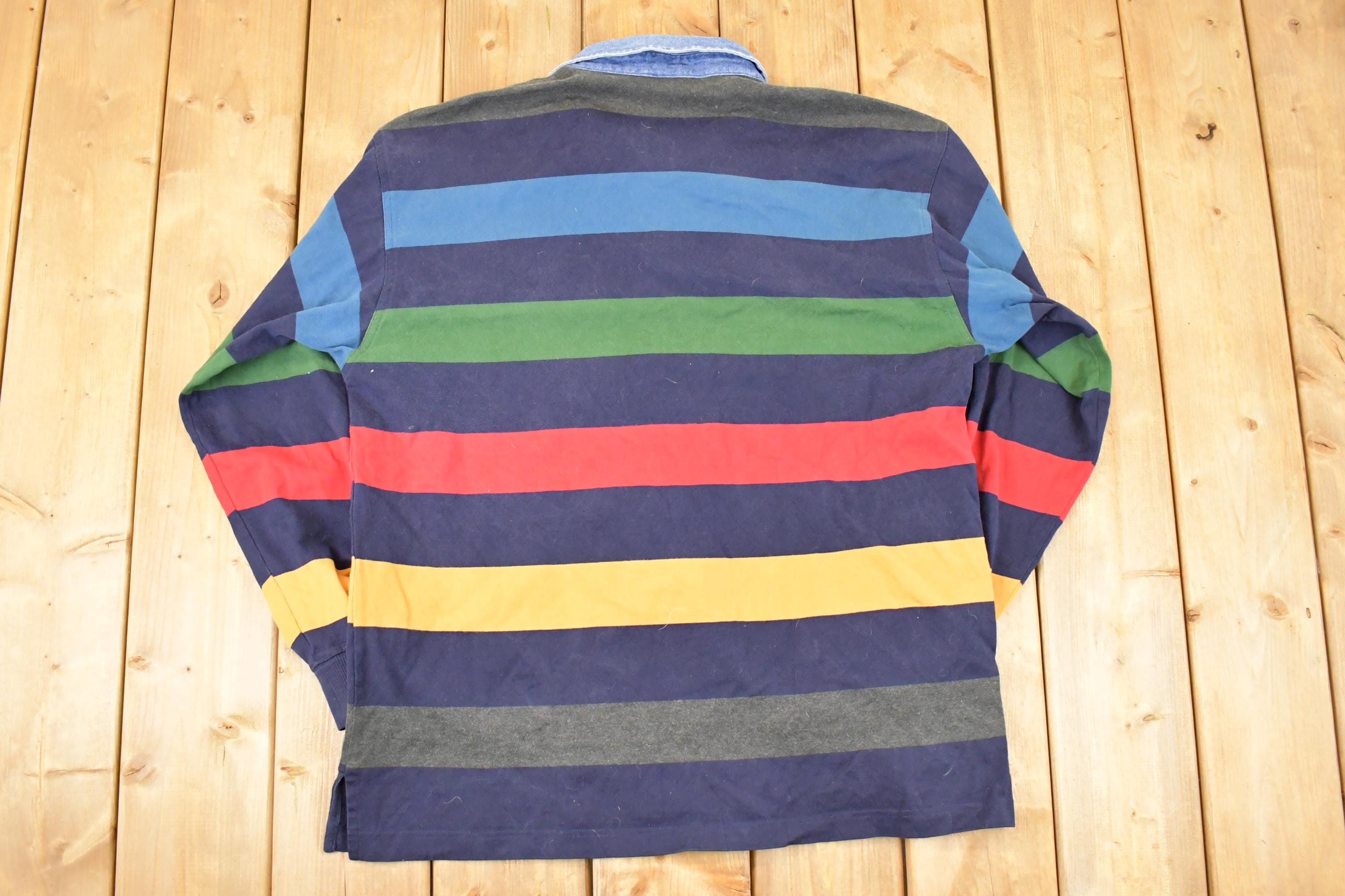 Vintage 1990s Gant Striped Denim Collar Quarter Button Rugby Shirt Men's L