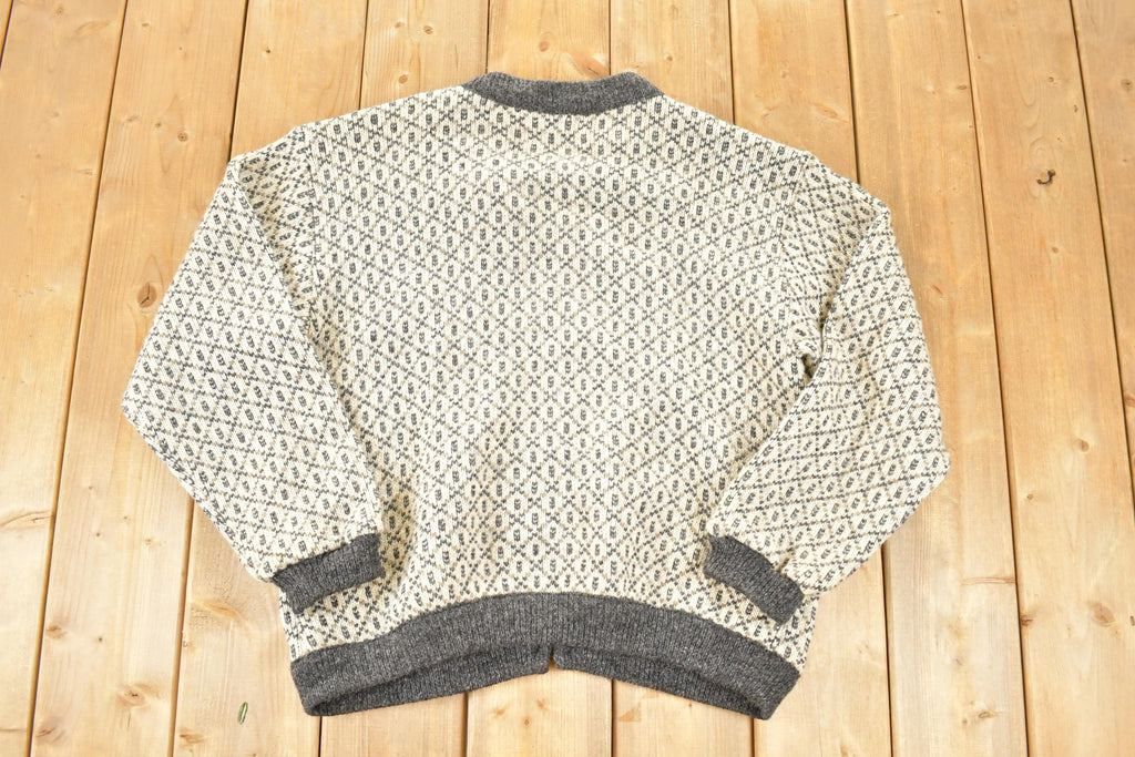 Vintage 1990s LL Bean Wool Knit Abstract Pattern Cardigan Sweater Mens M / 90s Knit Crewneck / Vintage Preppy Knits