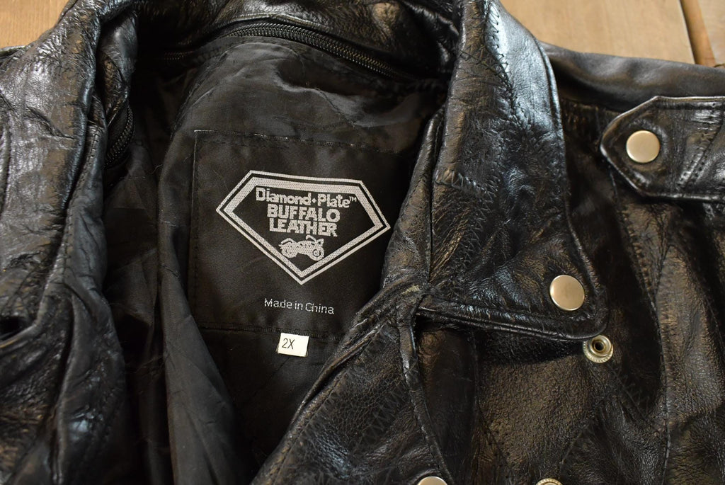 Vintage 1980s Diamond Plate Buffalo Leather Biker Motorcycle Jacket Men's 2XL