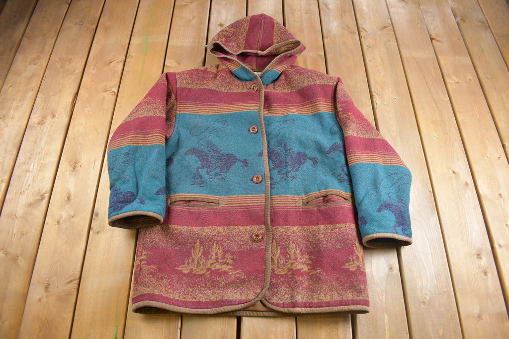 Vintage 1990s South Western Theme Hooded Overcoat
