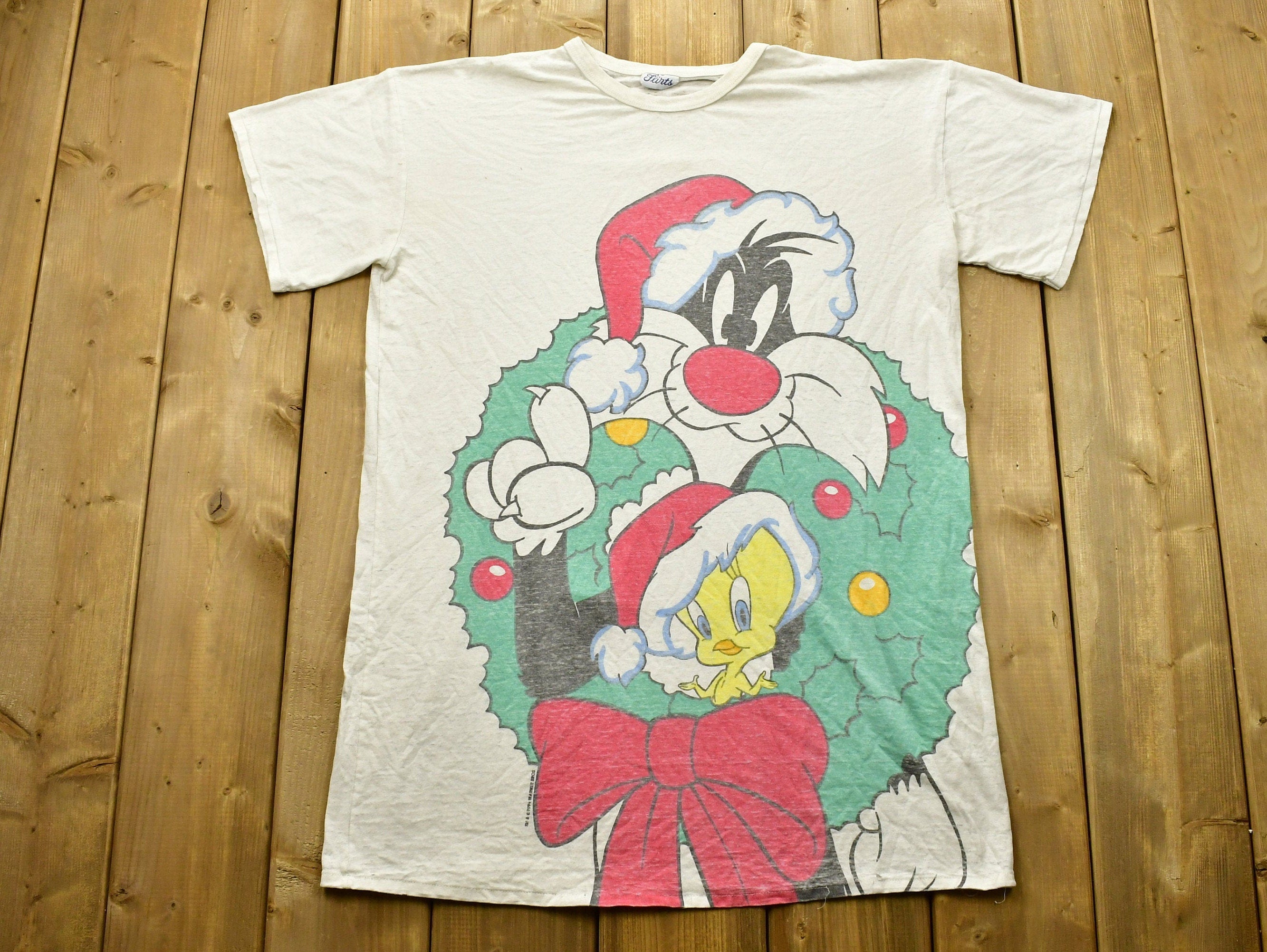 Vintage 90's Looney Tunes Christmas Lounge T-Shirt , All Over Print , Made In USA , Graphic , Single Stitch , 90s