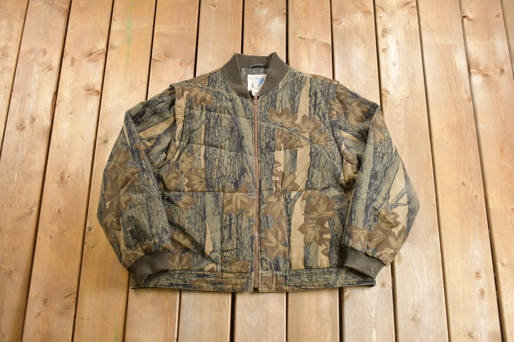 Vintage 1990s Trophy Camo Bomber Jacket Woodland Goose Down Fill  Streetwear  90s  Hunting