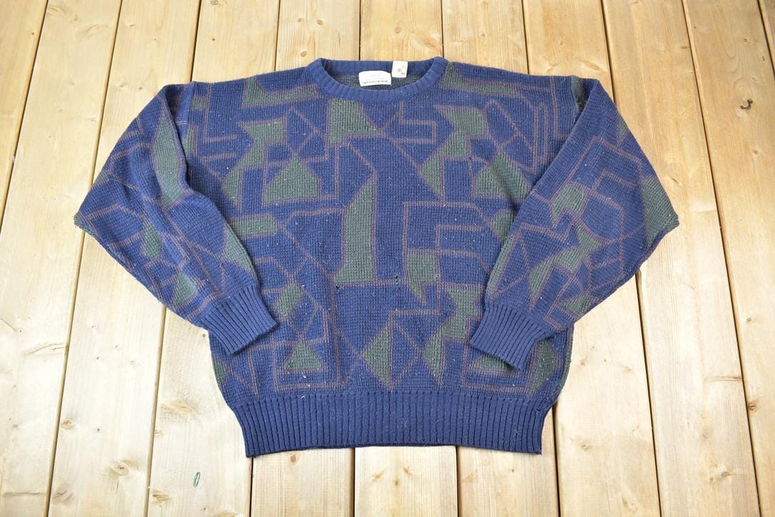 Vintage 1990s Club International Knit Abstract Pattern Crewneck Sweater Made In 90s Crewneck