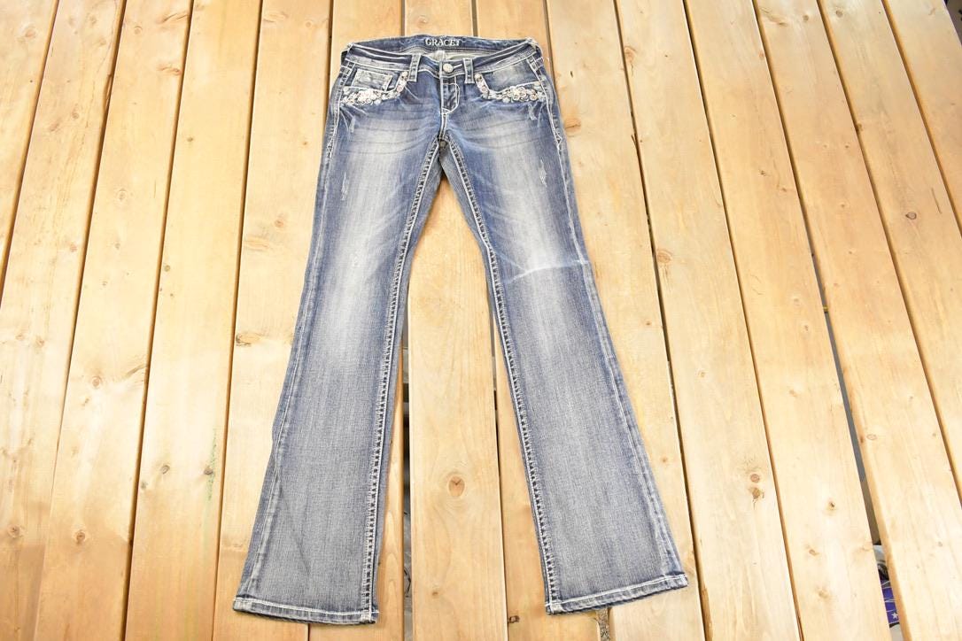 Vintage Deadstock Y2K Grace In LA Bedazzled Bootcut Low Rise Jeans Women's Size 26 x 32