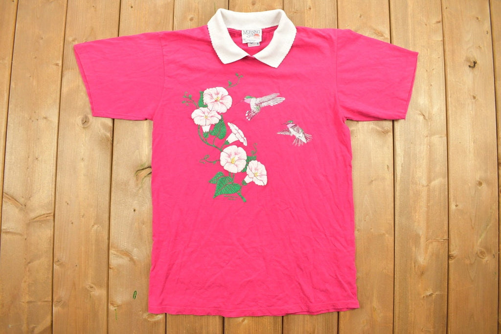Vintage 1990s Morning Sun Bird Floral Graphic Polo Shirt
