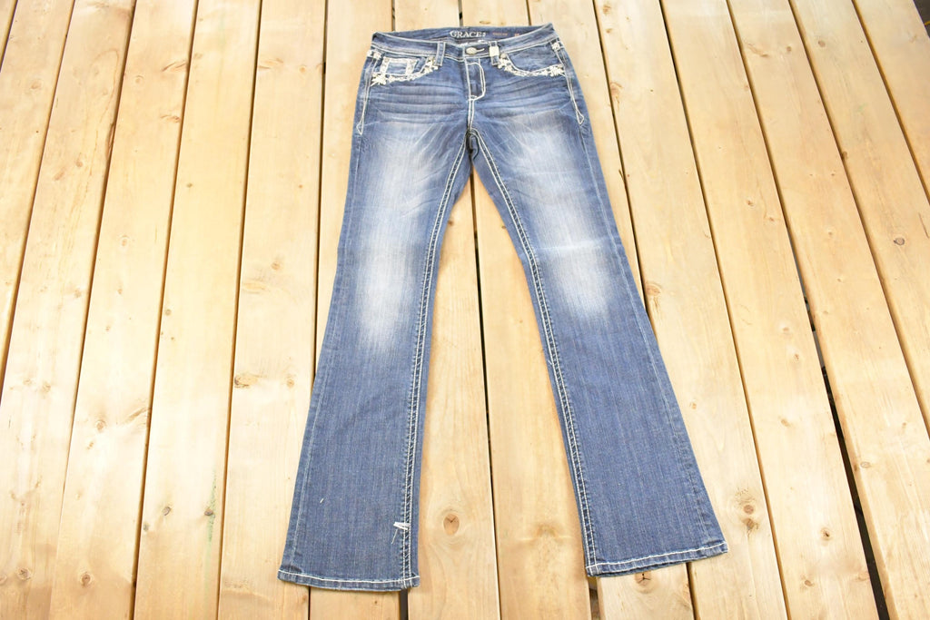 Vintage Deadstock Y2K Grace In LA Bedazzled Low Rise Jeans Women's Size 27 x 32 / Bootcut Jeans / 2000's Embroidered Contrast Stitched Denim