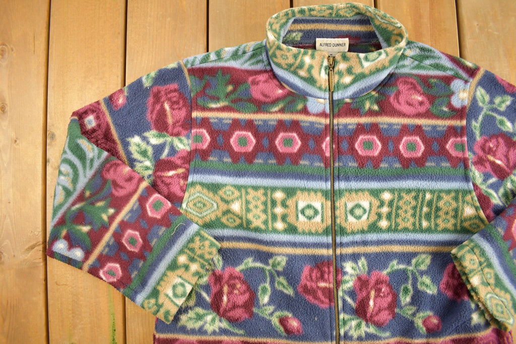 Vintage 1990s Alfred Dunner Abstract Floral Pattern Graphic Fleece Zip Up Sweater