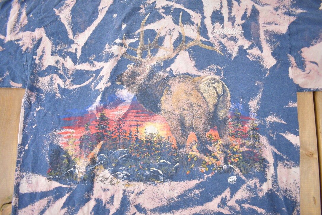 Vintage 1990s All Over Print Elk Graphic T-Shirt Made In USA