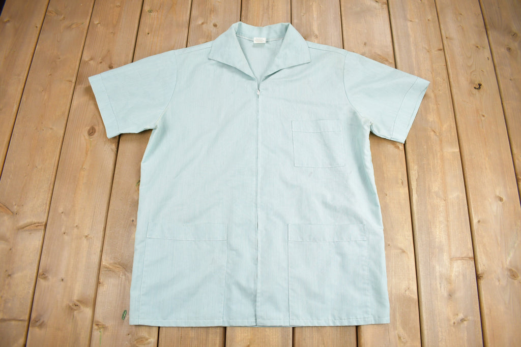 Vintage 1970s Blank Blue Zip Up Shirt  1970s Zip Shirt  True Vintage  Blank Shirt  Short Sleeve  Formal Shirt  Made In USA