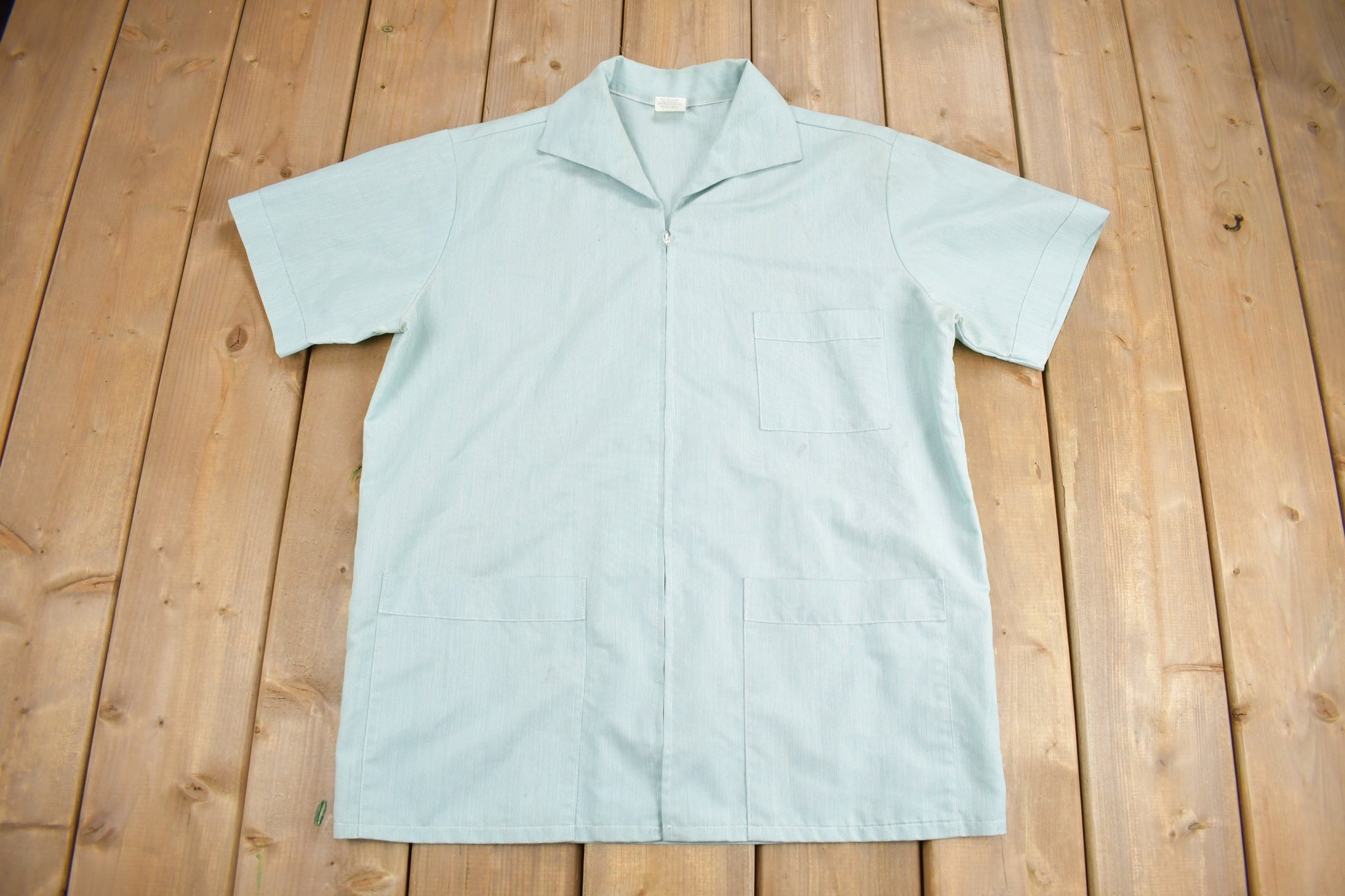 Vintage 1970s Blank Blue Zip Up Shirt  1970s Zip Shirt  True Vintage  Blank Shirt  Short Sleeve  Formal Shirt  Made In USA