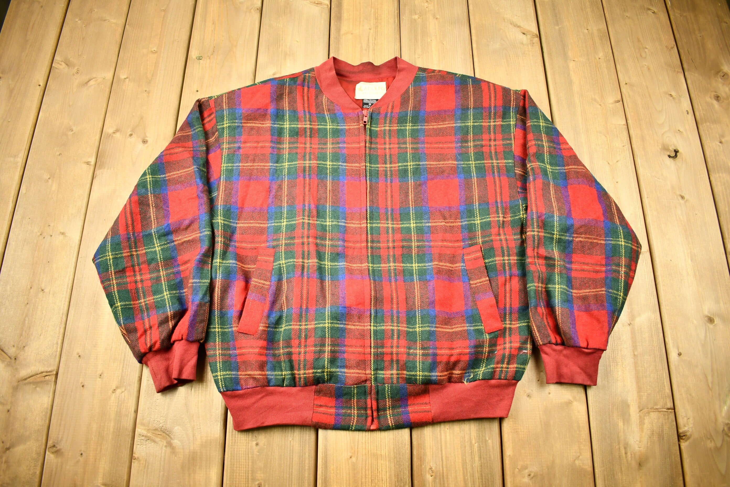 Vintage 1990s Afdolfo Wool Plaid Zip Up Sweatshirt