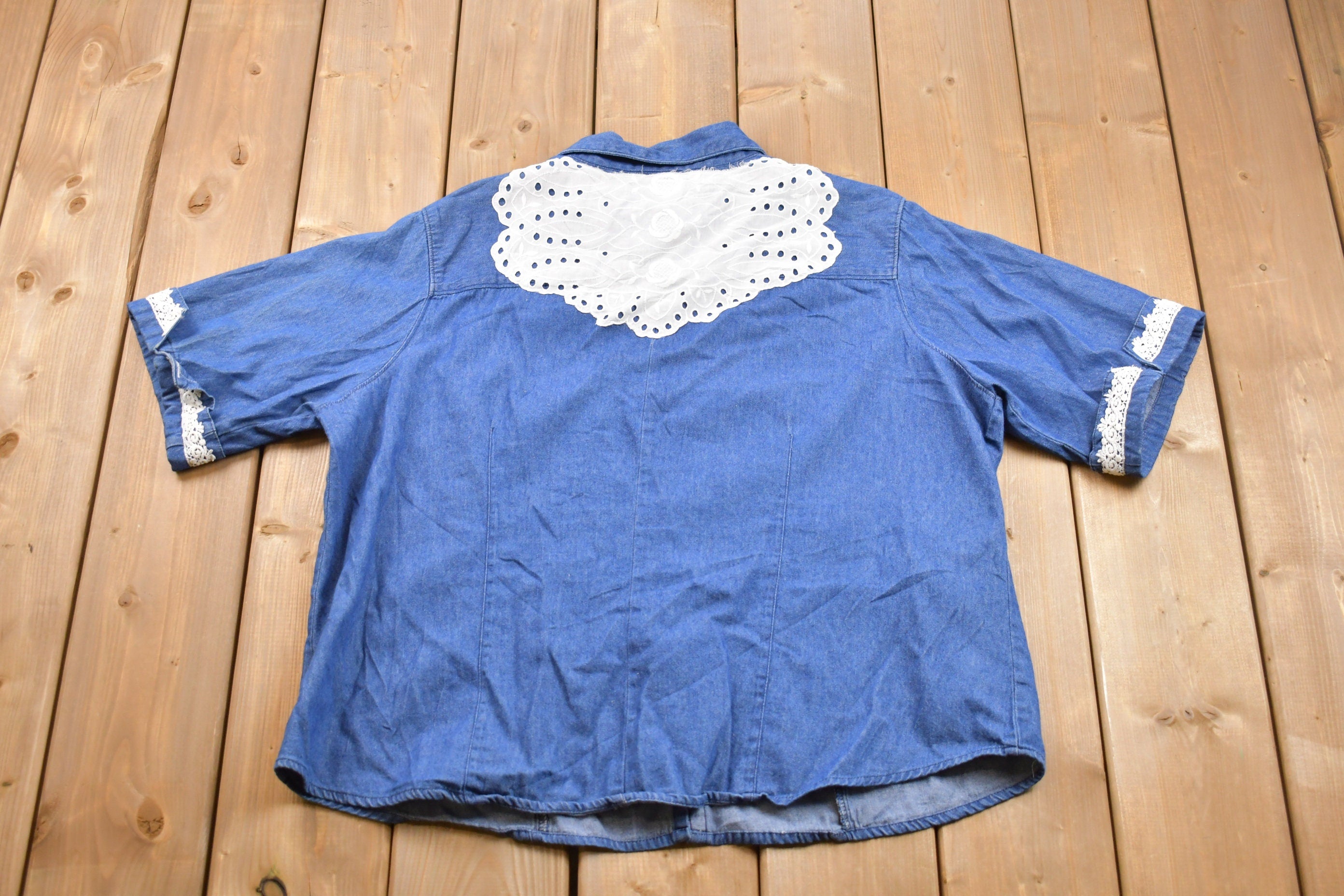 Vintage 1990s Denim Lace Button Up Short Sleeve Shirt