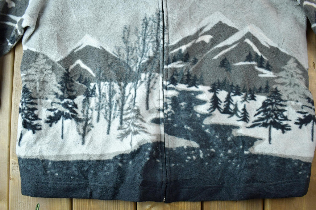 Vintage 1990s Tradition Country Collection All Over Print Mountain Theme Fleece Sweater  Outdoorsman  Hiking  Fleece Zip up
