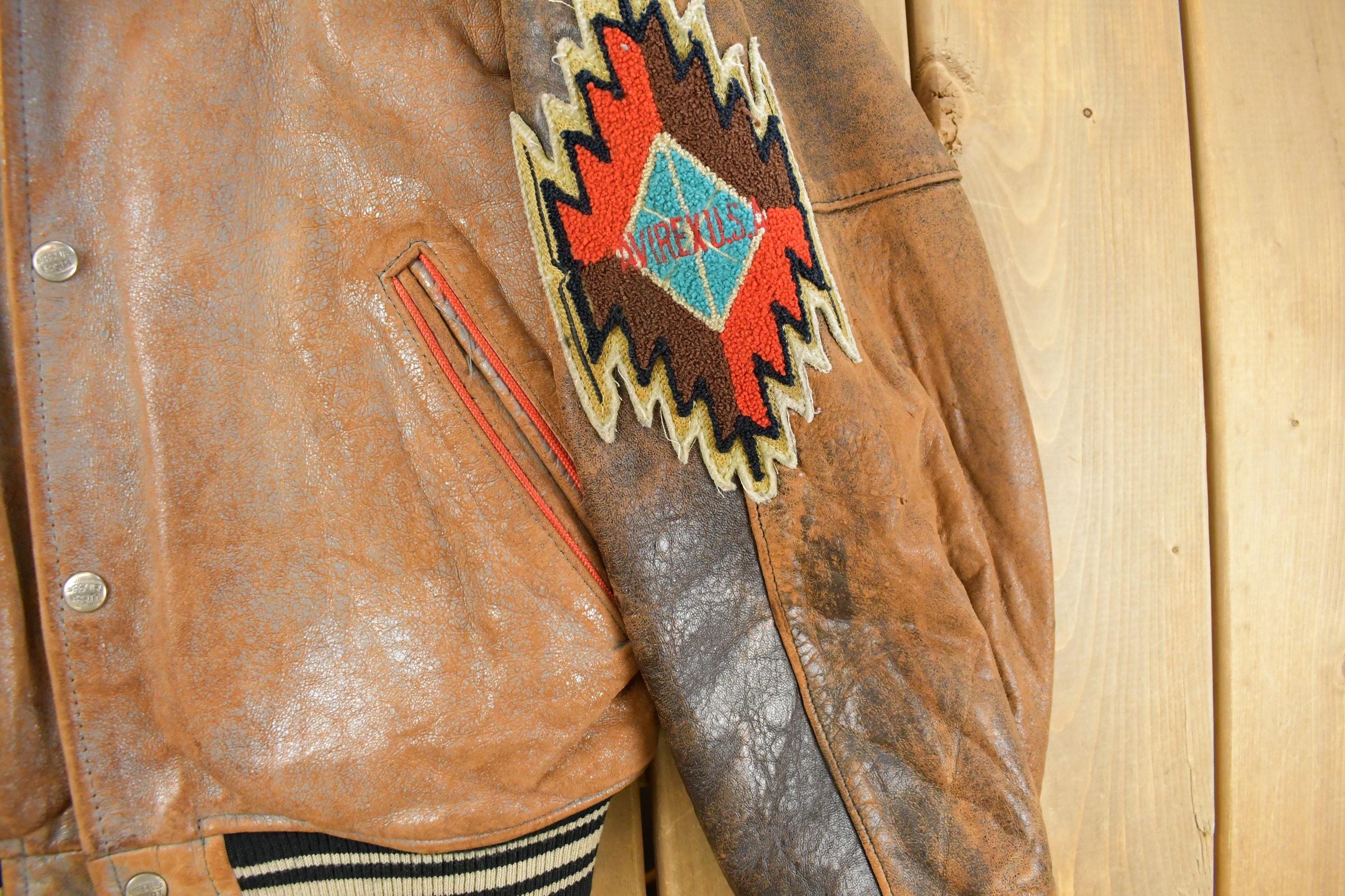 Vintage 1990s Avirex USA Native Tribal Leather Varsity Jacket Men's Medium