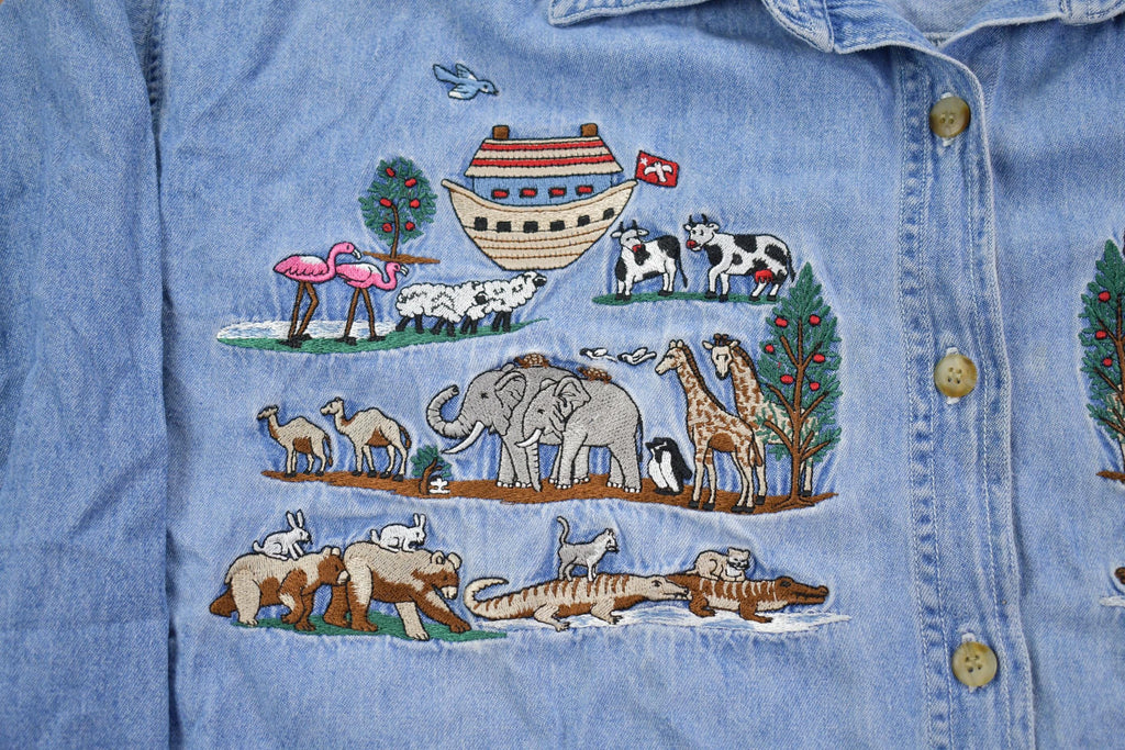 Vintage 1990s Noahs Arc Embroidered Denim Button Up Shirt