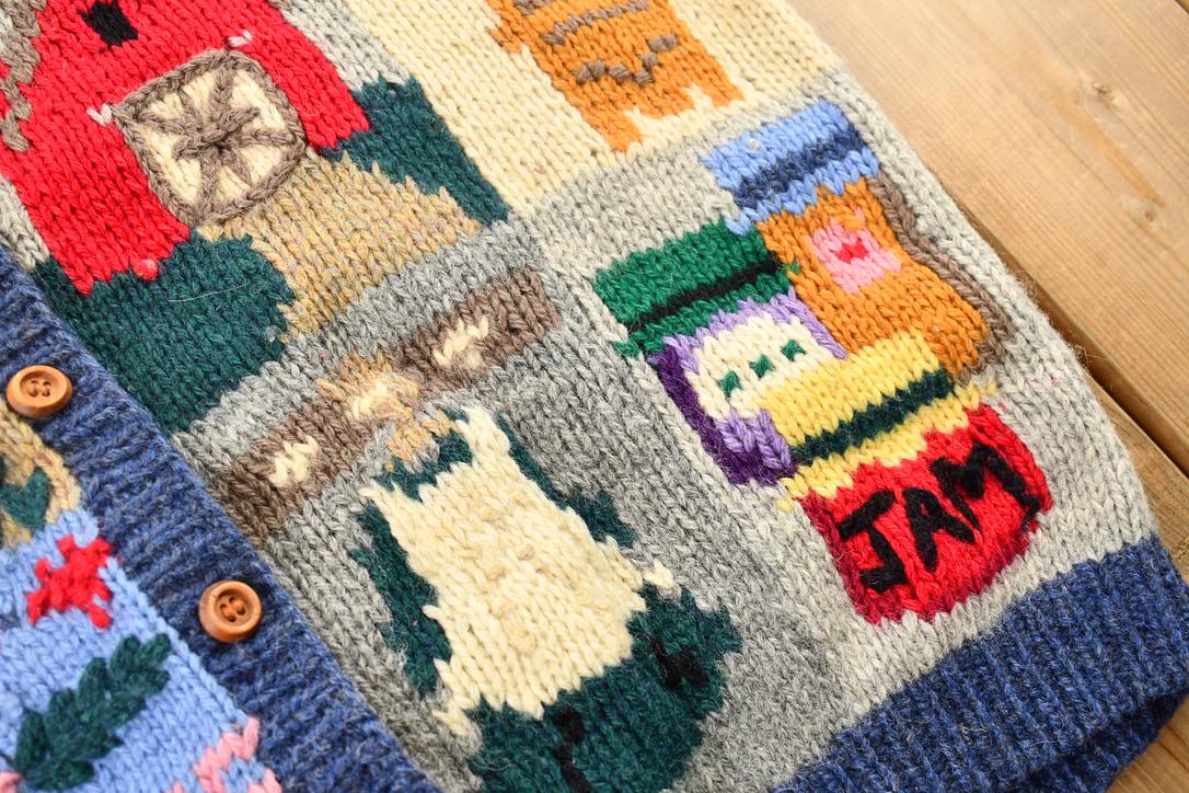 Vintage 1989 Eagles Eye 100% Wool Unique Textured American Flag and Granny Square Patchwork Knit Cardigan Sweater