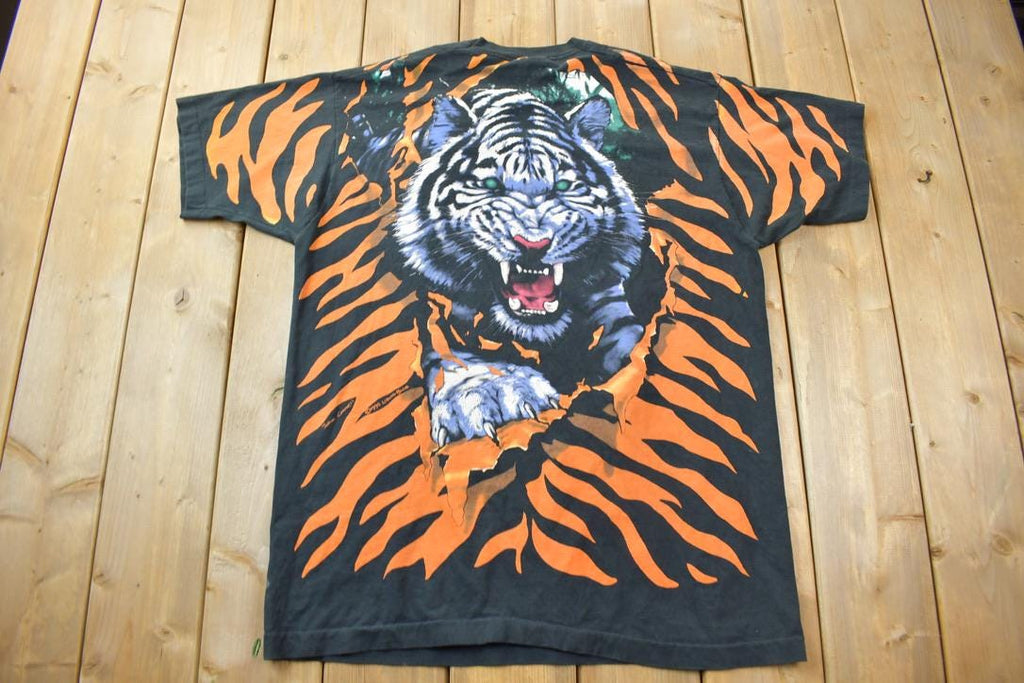 Vintage 1995 Tiger Theme All Over Print Liquid Blue Double Sided Graphic T-Shirt