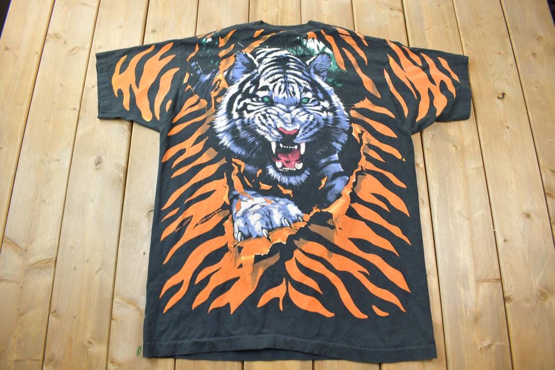 Vintage 1995 Tiger Theme All Over Print Liquid Blue Double Sided Graphic T-Shirt