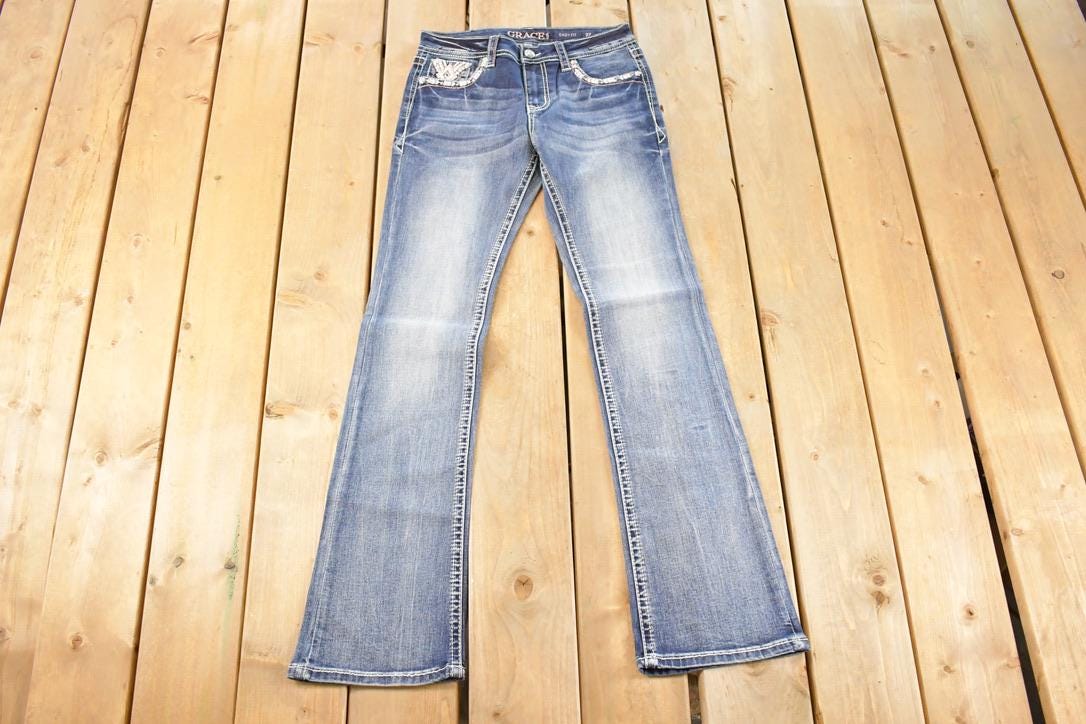 Vintage Deadstock Y2K Grace In LA Bedazzled Bootcut Low Rise Jeans Women's Size 27 x 32