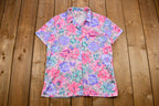 Vintage 1970s Floral Quarter-Button Up Short Sleeve Blouse
