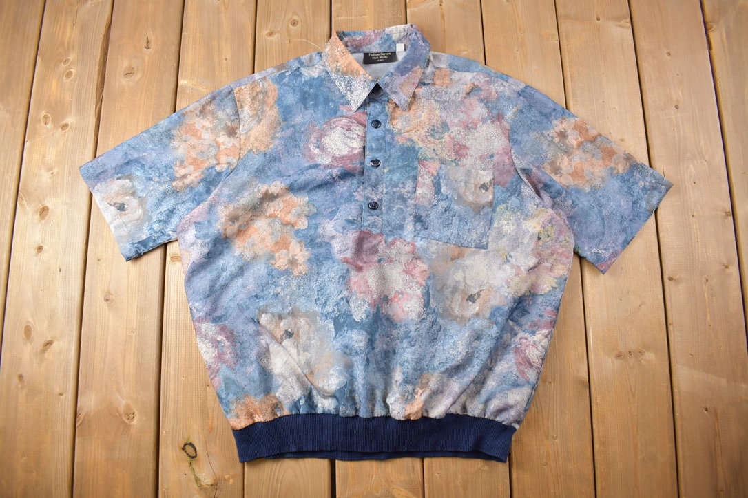 Vintage 1980s Fulton Street Silk Button Up Polo Shirt Floral Abstract Pattern