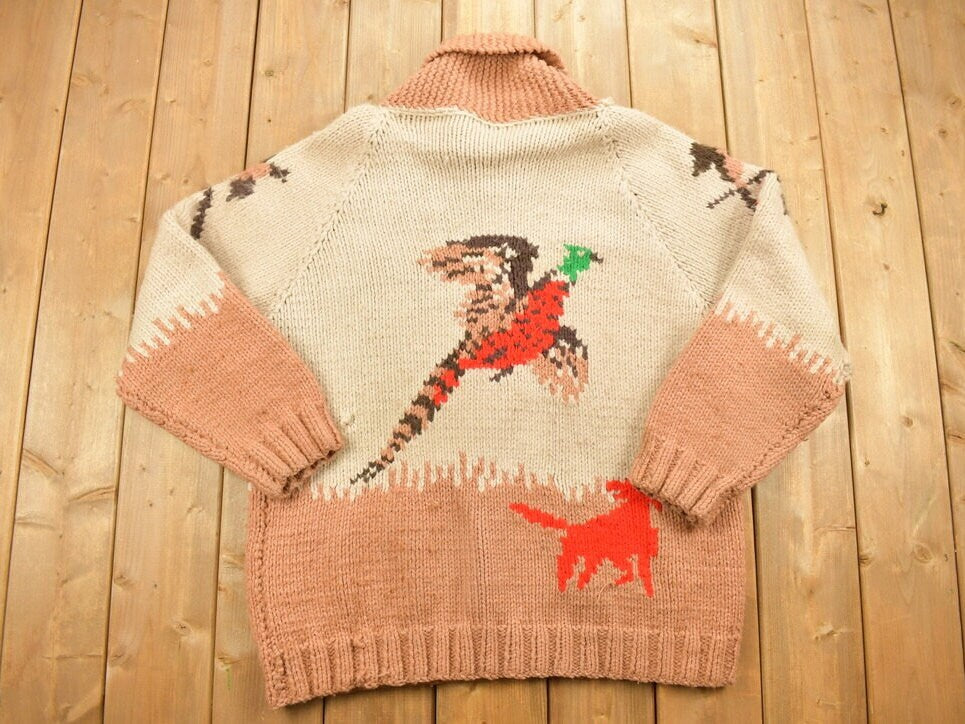 Vintage 1950s Hand-Knit Bird Hunter Curling Sweater / Cowich / True Vintage / Casual Winter Wear / Cozy Zip Up Sweater / Animal Graphic