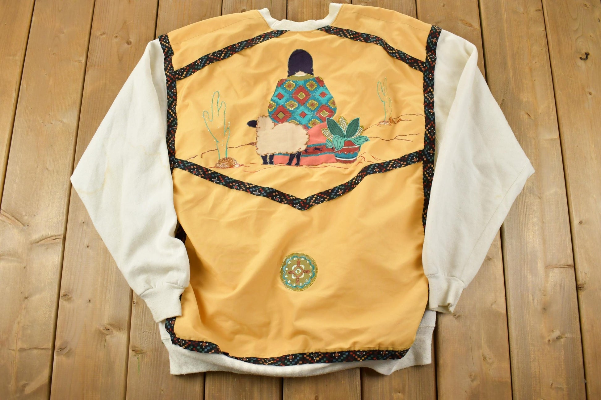 Vintage 1990s Aztec Sheep Button Up Crewneck / Souvenir / Vintage Sweatshirt / Outdoorsman / Wilderness Sweatshirt / Made In USA