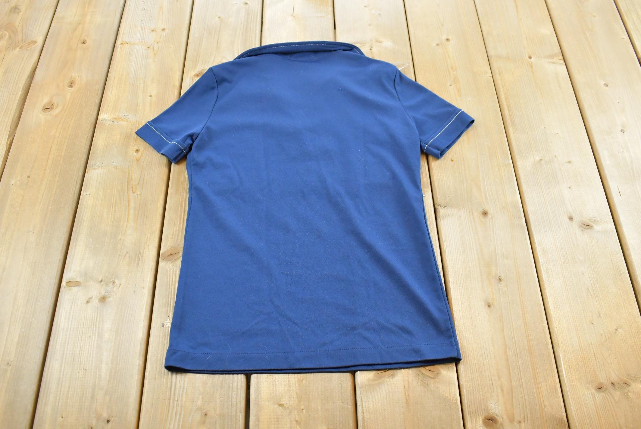 True Vintage 1970s Blank Blue Quarter Button Up Polo Shirt Women's S /