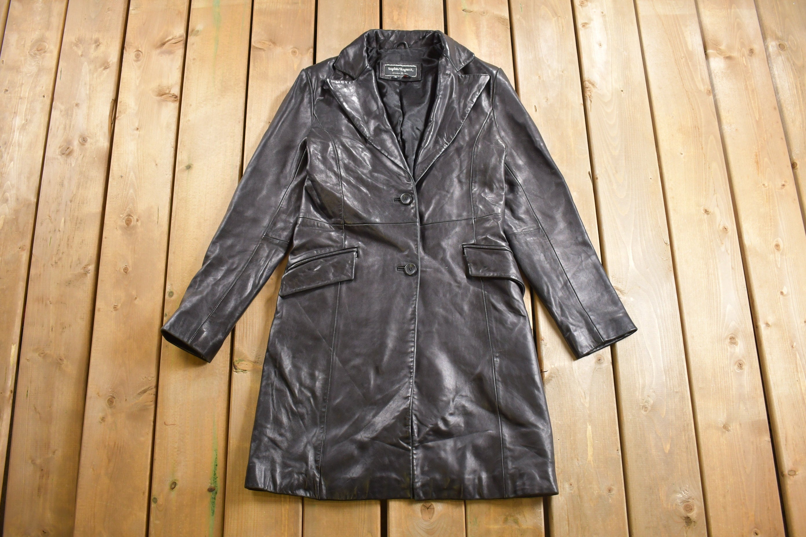Vintage 1990s Sophia Vespucci Black Leather Trench Coat