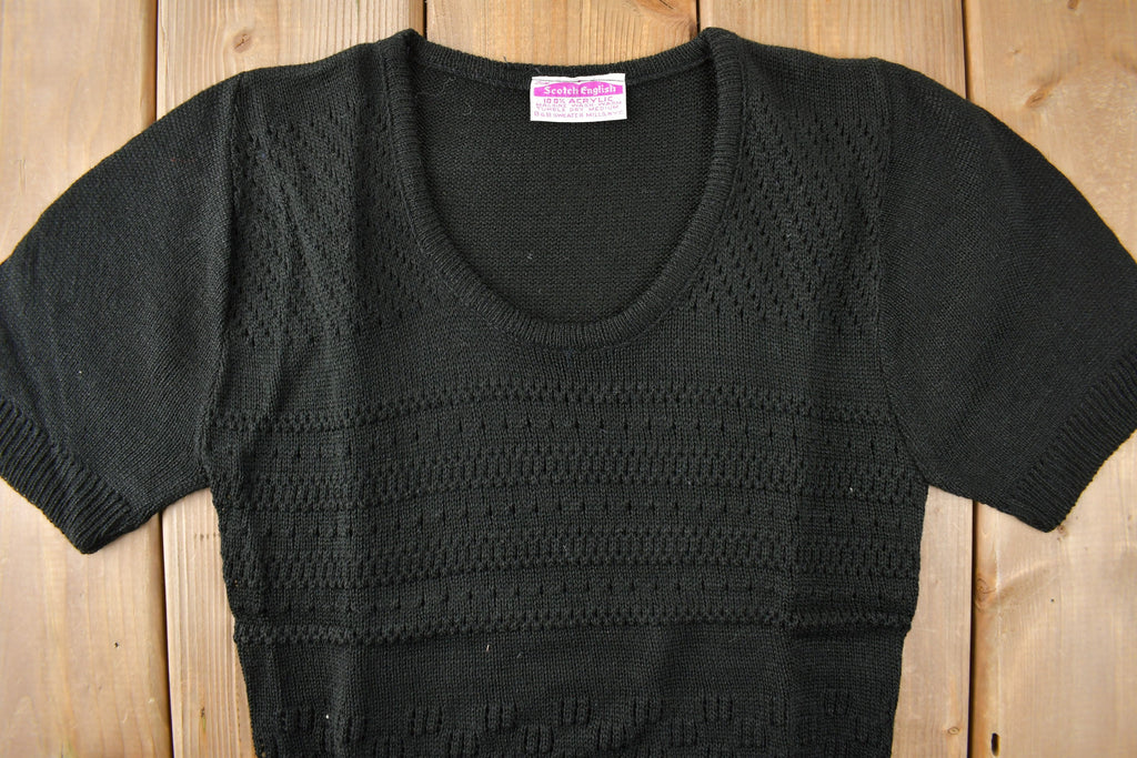 True Vintage 1960s Deadstock Miss Scotch English Short Sleeve Black Knit Acrylic Sweater