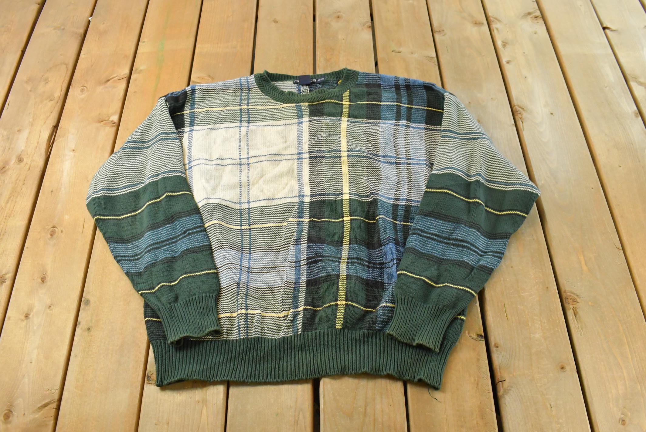 Vintage 1990s Nautica Color Block Plaid Knitted Crewneck Sweater Mens L / Vintage 90s Crewneck / All Over Pattern / Made in Hong Kong