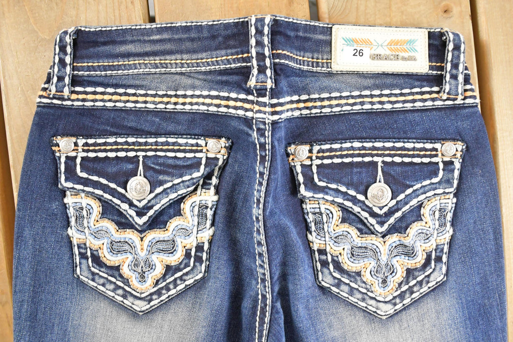Vintage Deadstock Y2K Grace In LA Bedazzled Bootcut Low Rise Jeans Women's Size 26 x 32 / 2000's Embroidered Contrast Stitched Denim