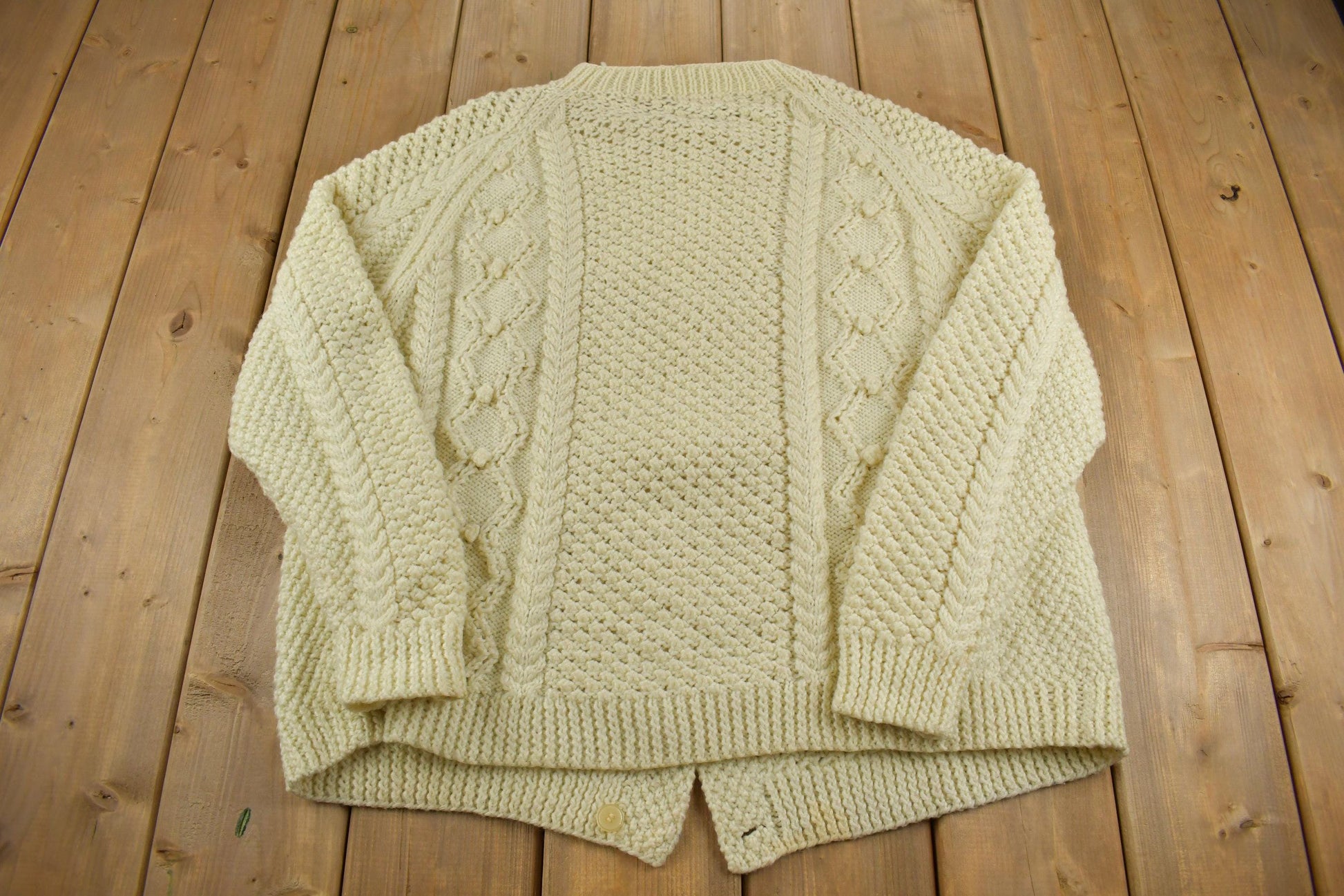 Vintage 1990s Cable Knit Crewneck Cardigan Sweater