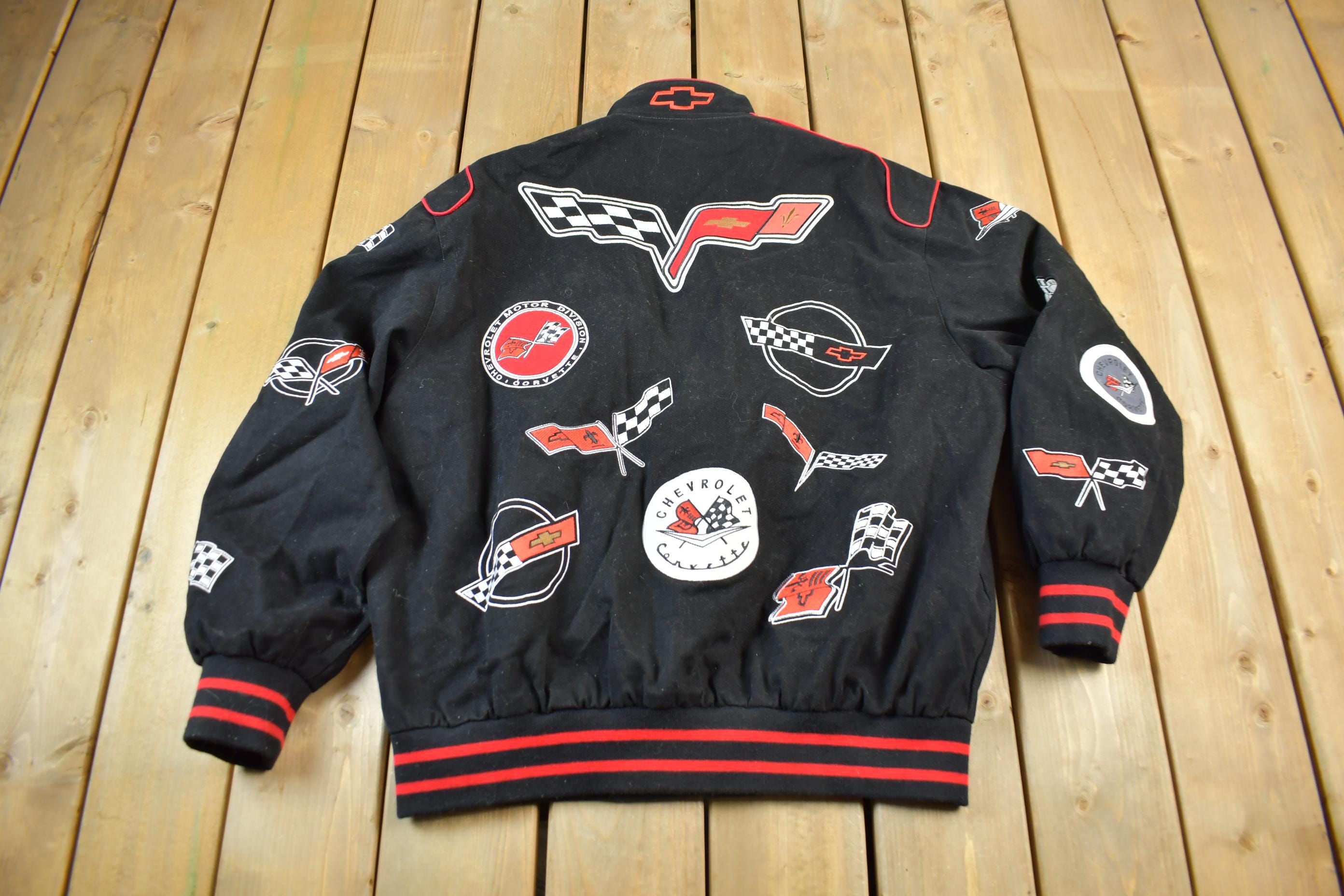 Vintage 1990s Jeff Hamilton Corvette Chevrolet Racing Jacket  Patchwork  Streetwear  Vintage Racing Jacket  Size XL