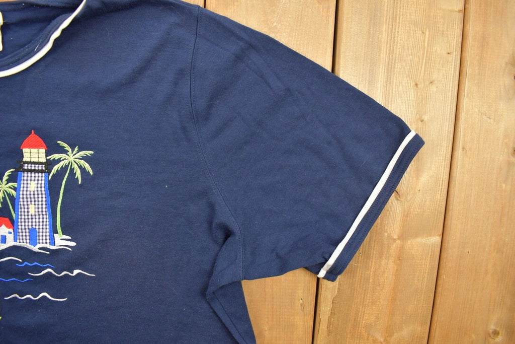 Vintage 1990s Embroidered Sailing Boats Beach Themed T-Shirt