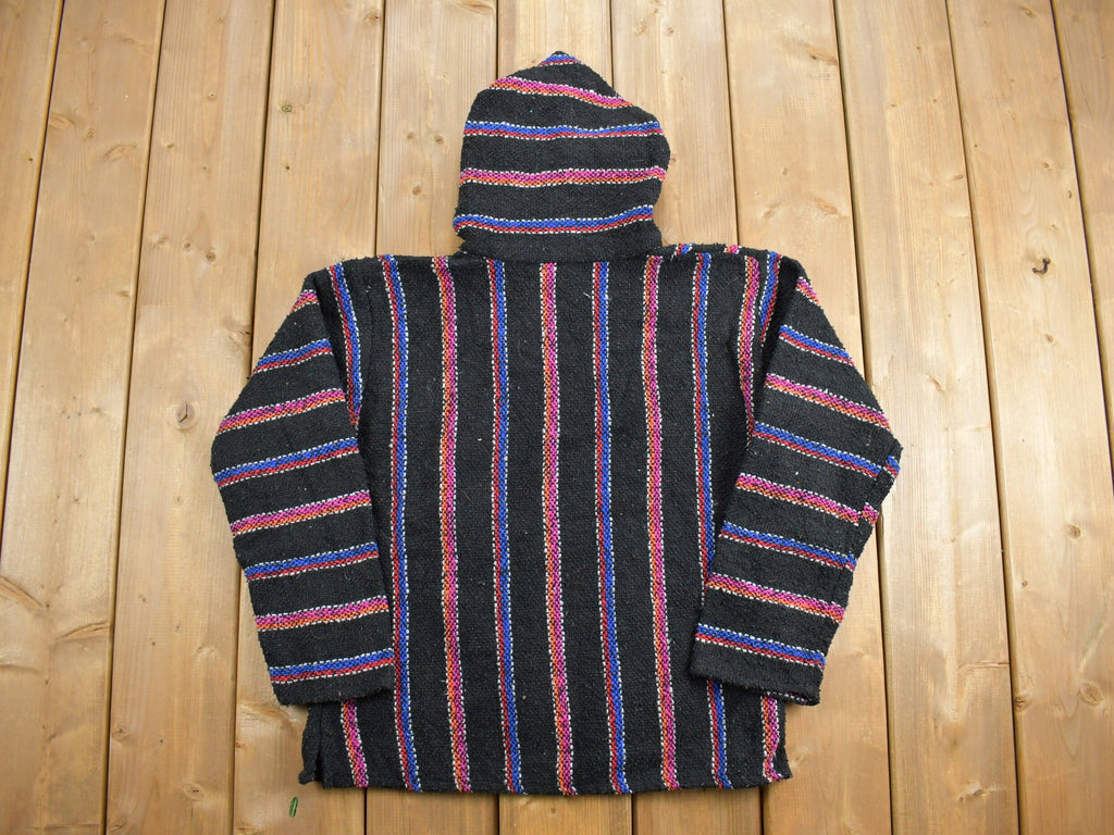 Vintage 1990s Veracruz Hooded Pullover Striped Knit Poncho Blanket Hoodie
